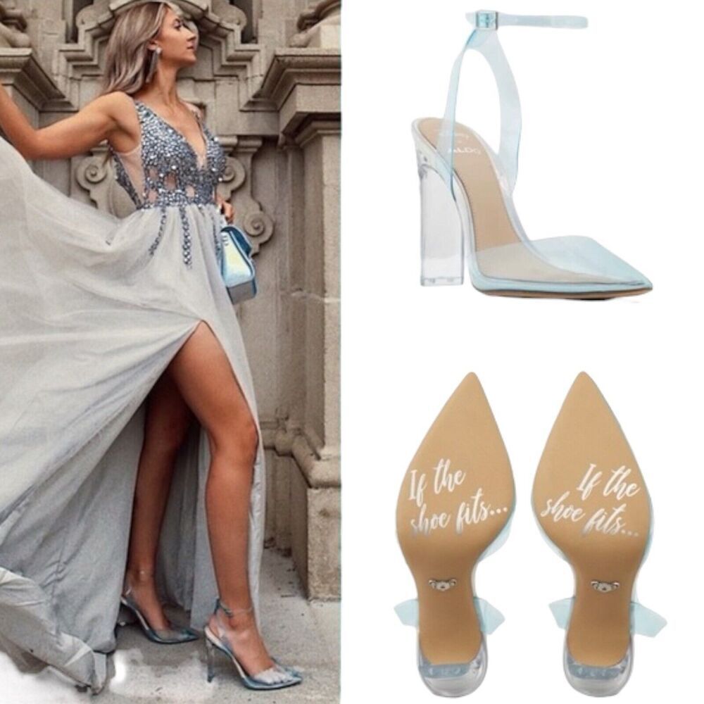 Aldo x Disney Heels‎ Womens 7.5 Glass Slipper Clear Blue Cinderella Wedding Ball